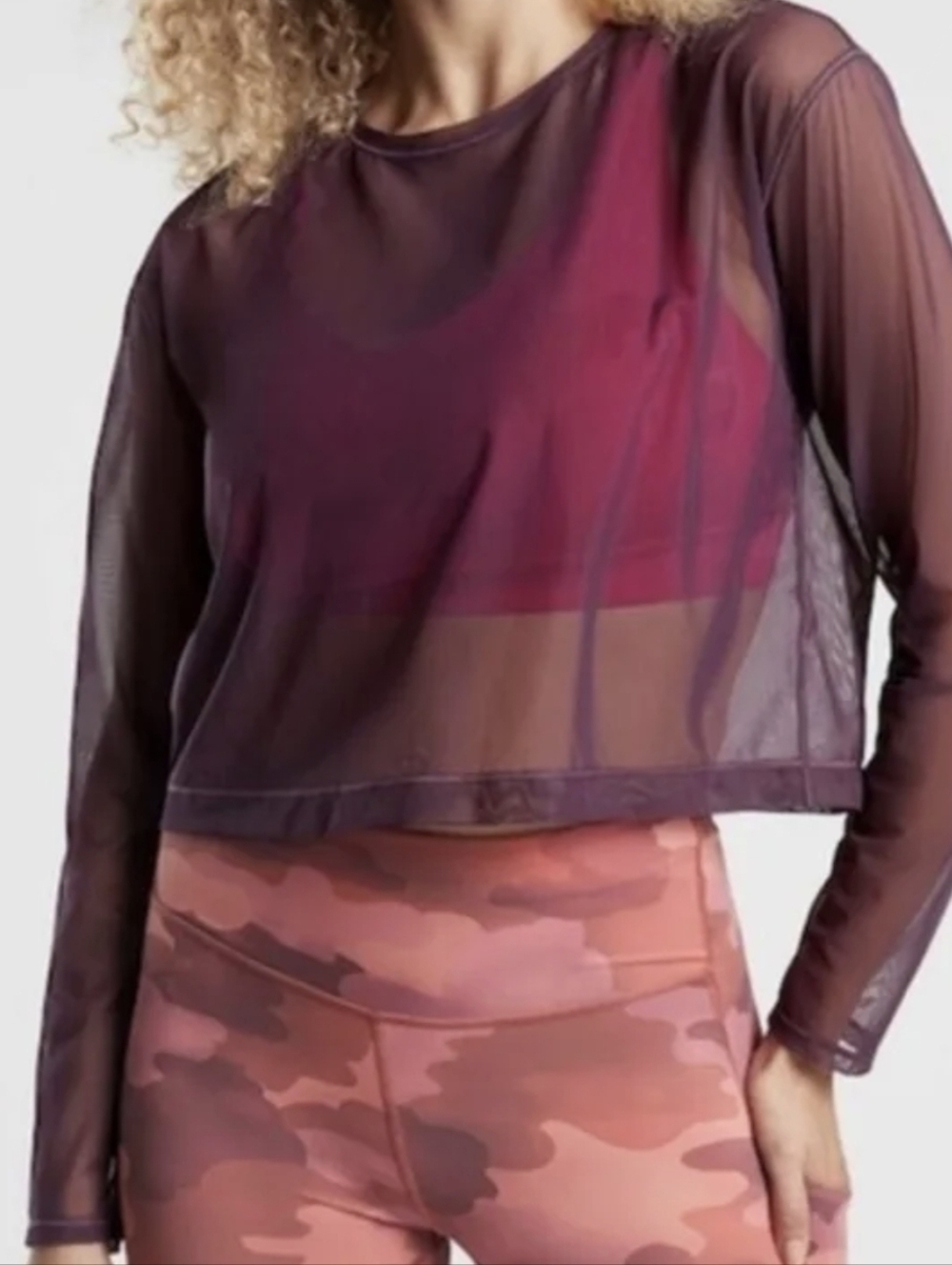 Athleta Circuit Top Purple Mesh Crop Boxy Sheer Long Sleeve Tee Size Medium